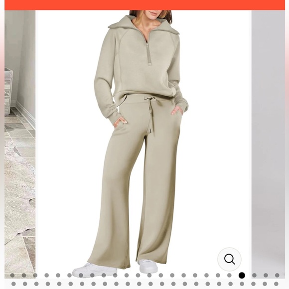 Anrabess Light Khaki 2 Piece Wide Leg Lounge Set Funnel Neck Pullover Size Small - Picture 3 of 14